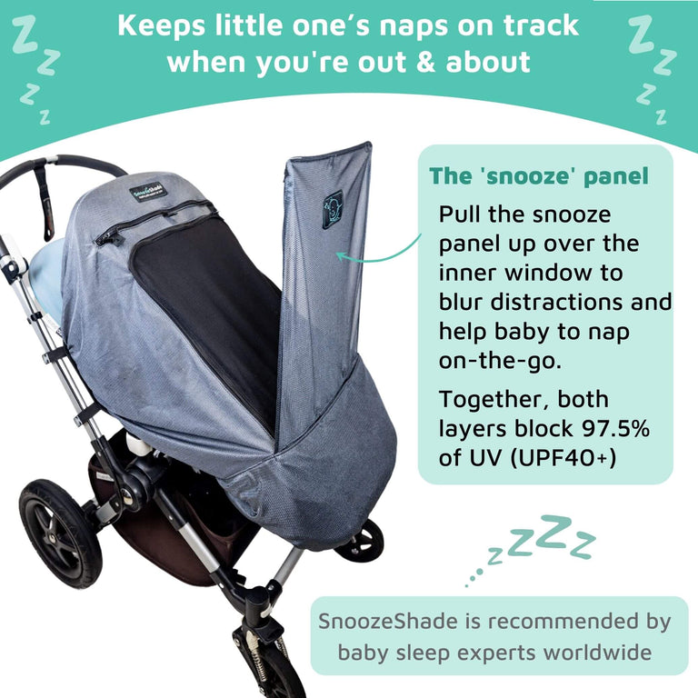 SnoozeShade Plus Deluxe (6m+) Universal-fit buggy & pushchair sun shade & baby sleep aid | Blocks up to 97.5% of UV