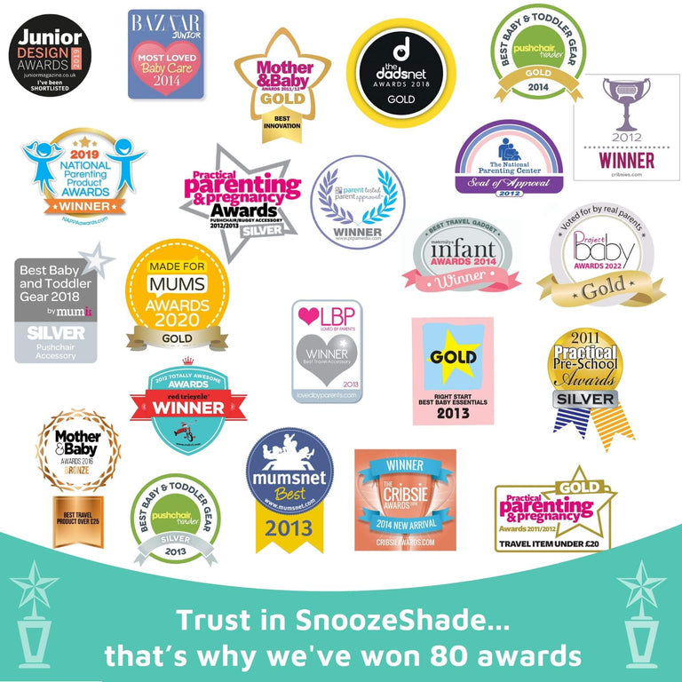 SnoozeShade Plus Extra (6m+) | Buggy & pushchair sun shade | Universal fit, blocks up to 99% of UV & helps little ones nap