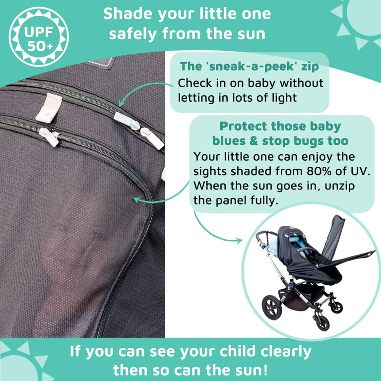 SnoozeShade Plus Extra (6m+) | Buggy & pushchair sun shade | Universal fit, blocks up to 99% of UV & helps little ones nap