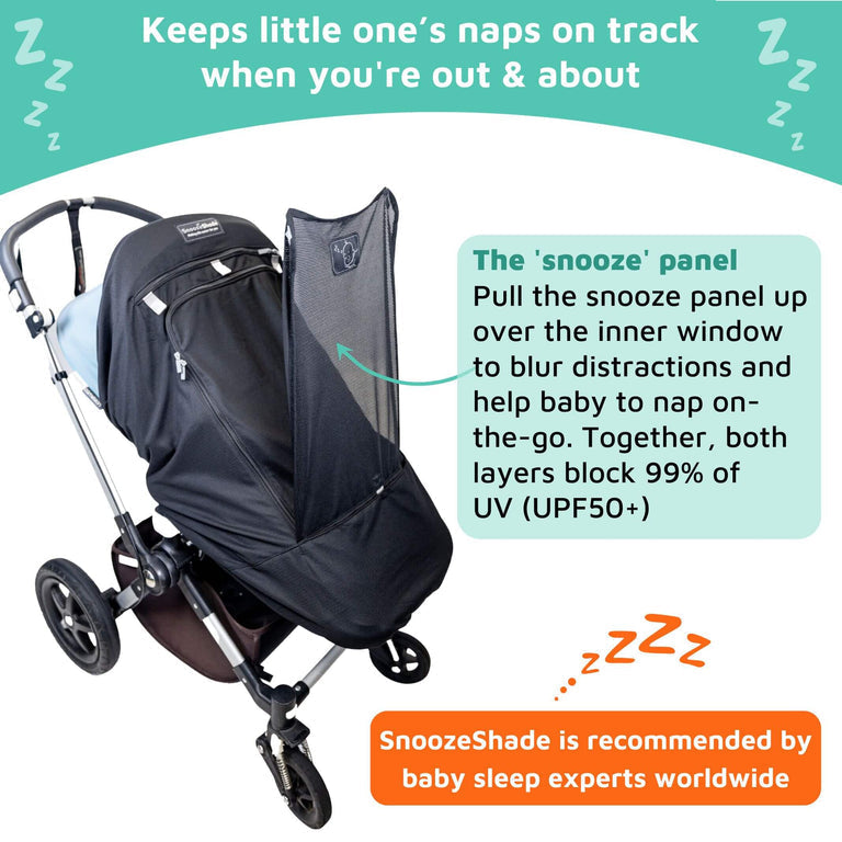 SnoozeShade Plus Extra (6m+) | Buggy & pushchair sun shade | Universal fit, blocks up to 99% of UV & helps little ones nap