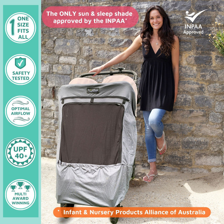 SnoozeShade Twin Deluxe (suitable from birth) | Double buggy/pushchair sun and sleep shade | Blocks up to 97.5% of UV